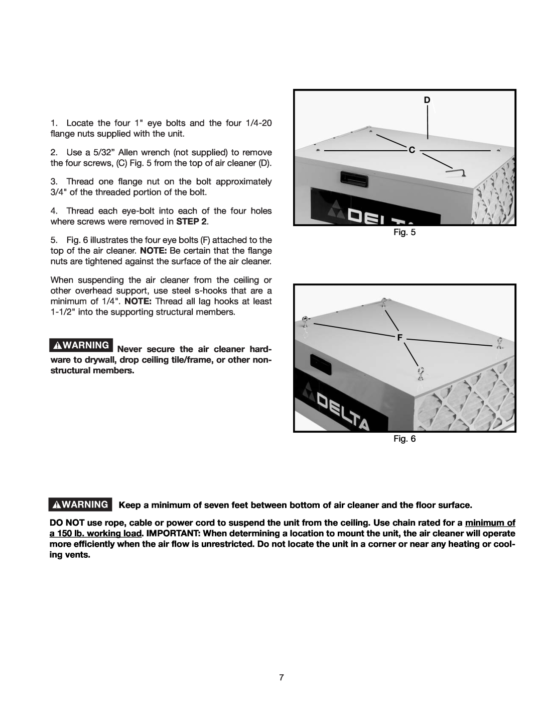 Deltaco 50-868 instruction manual Keep a minimum of seven feet between bottom of air cleaner and the floor surface 
