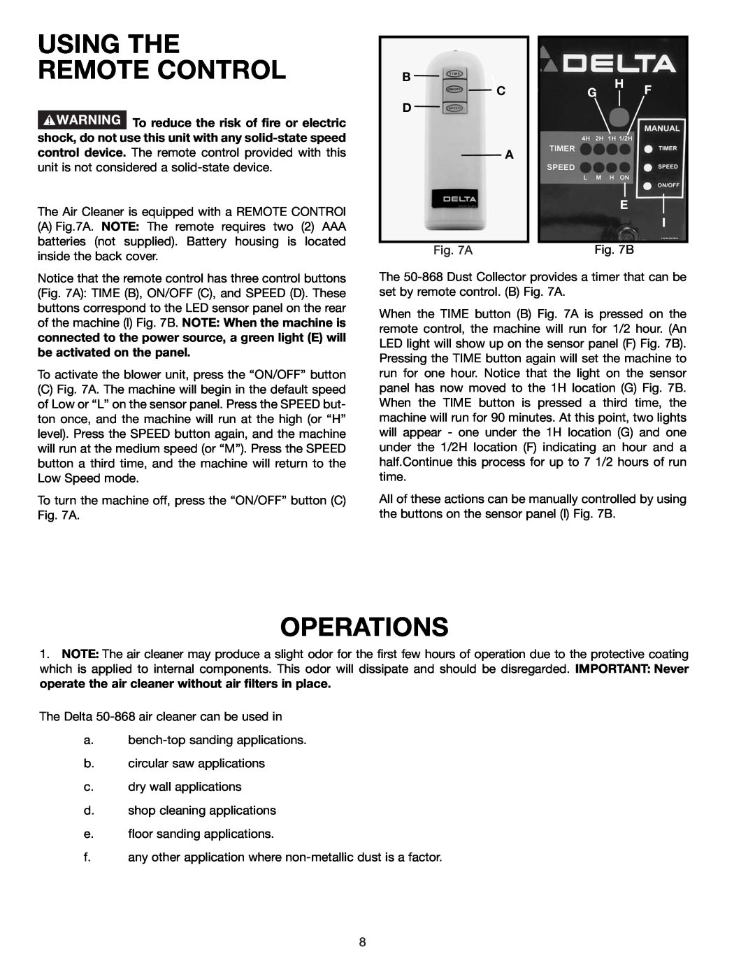 Deltaco 50-868 instruction manual Using The Remote Control, Operations, B C D A, H G F E 