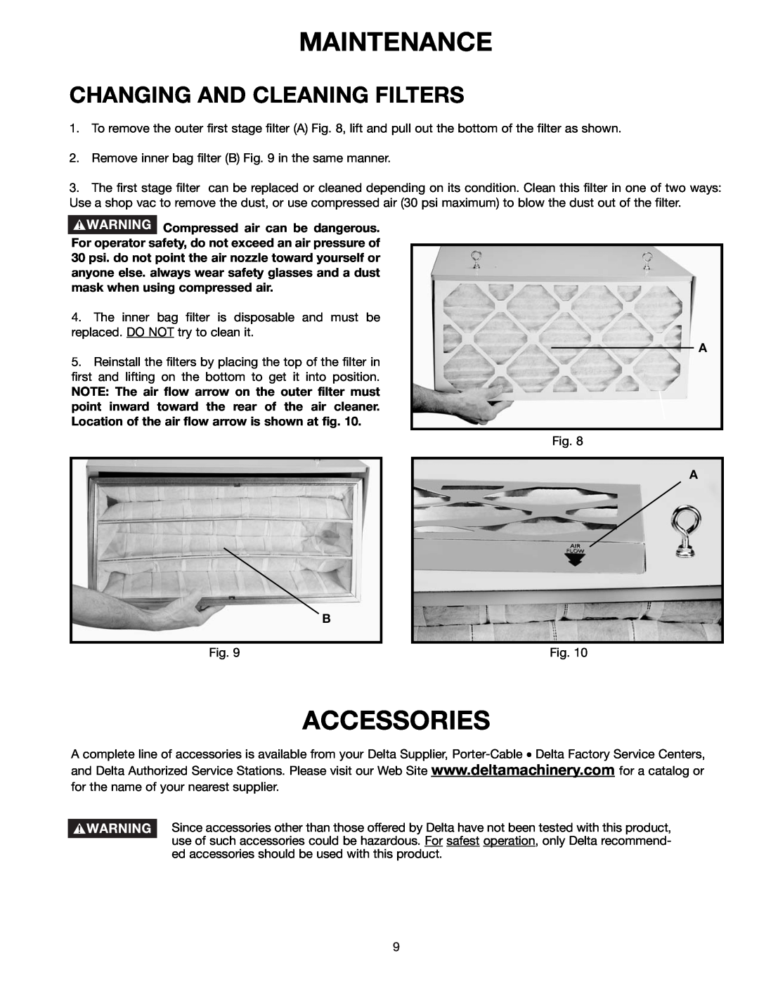 Deltaco 50-868 instruction manual Maintenance, Accessories, Changing And Cleaning Filters 