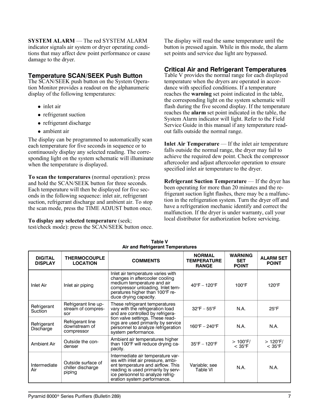 Deltech Fitness 8000 instruction manual Temperature SCAN/SEEK Push Button, Critical Air and Refrigerant Temperatures 