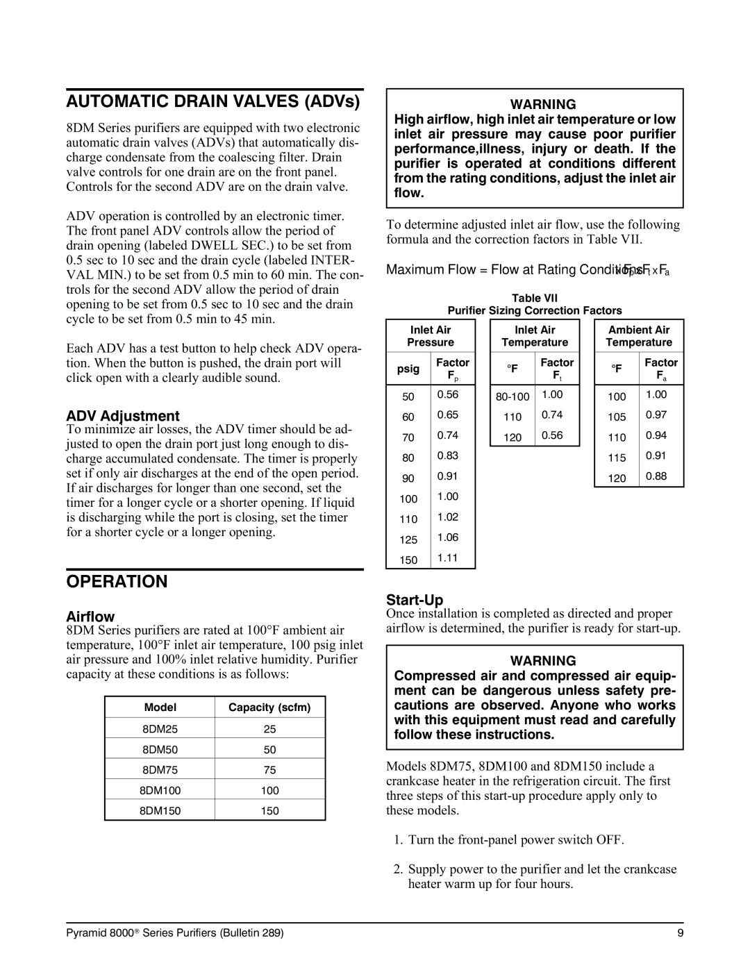 Deltech Fitness 8000 instruction manual Operation, ADV Adjustment, Airflow, Start-Up 