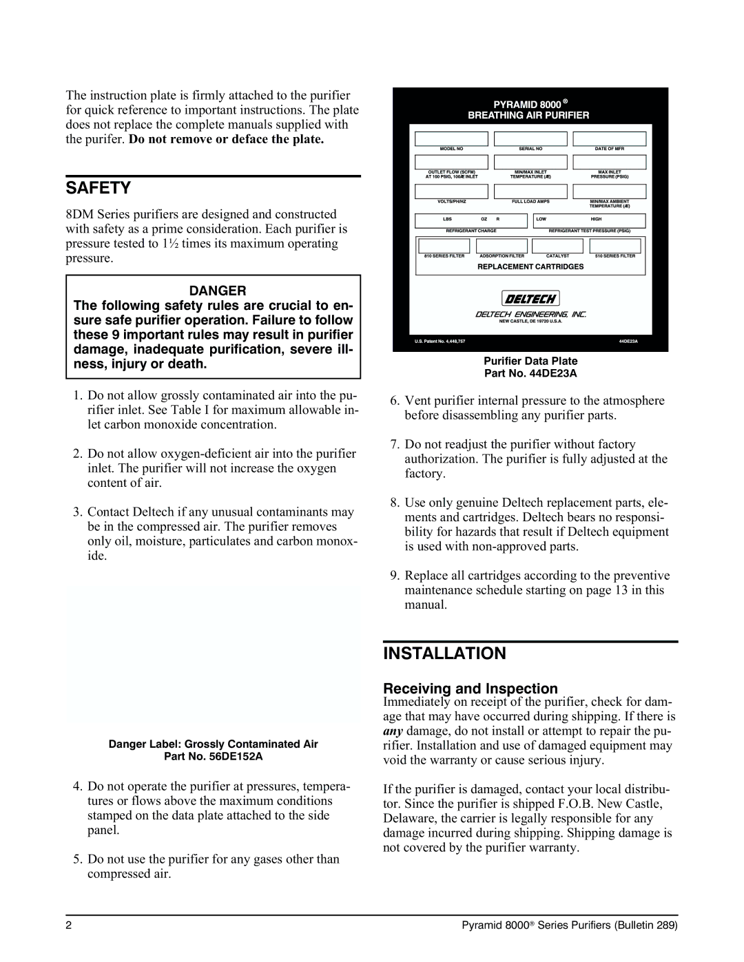 Deltech Fitness 8000 instruction manual Safety, Installation, Receiving and Inspection 