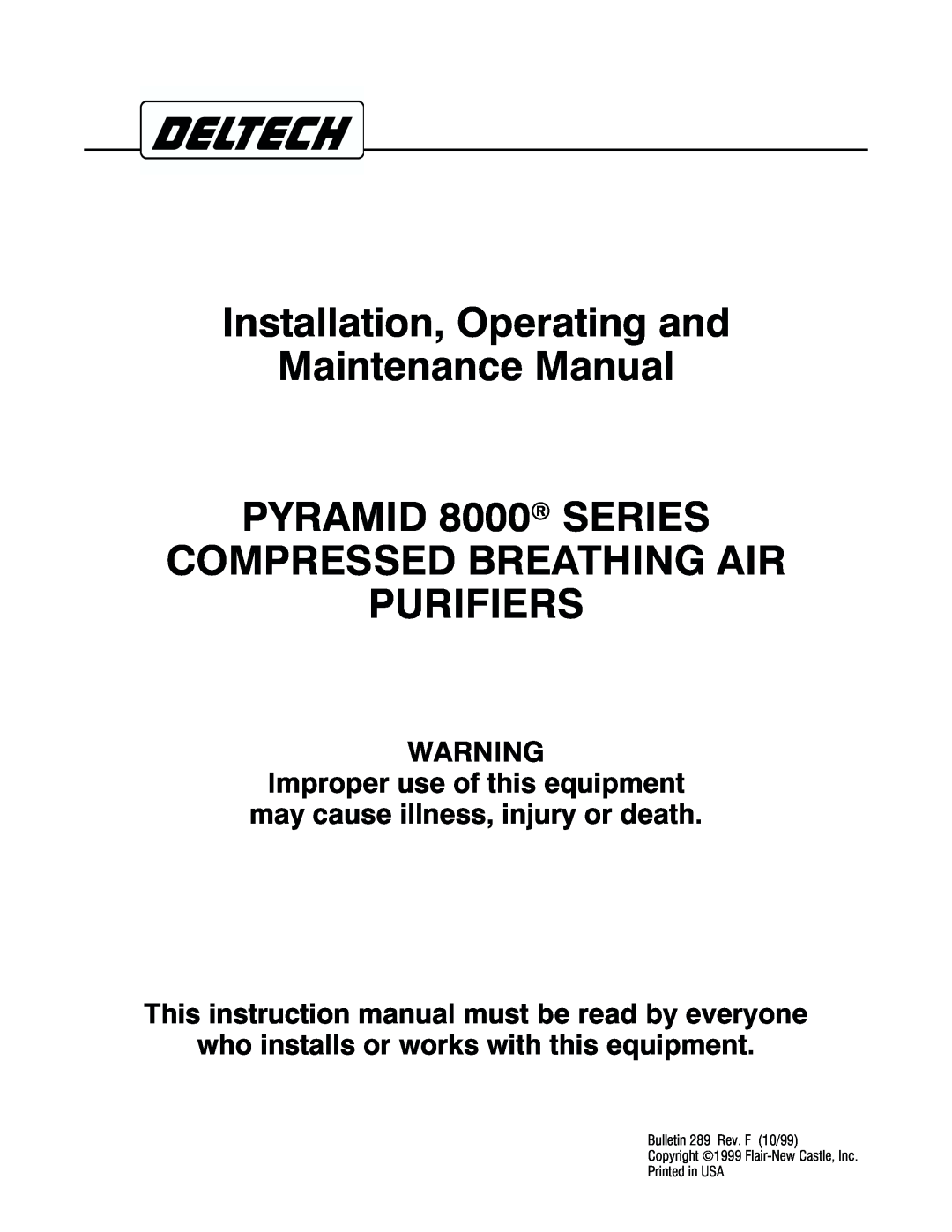 Deltech Fitness 8000 instruction manual Installation, Operating and Maintenance Manual, Purifiers 
