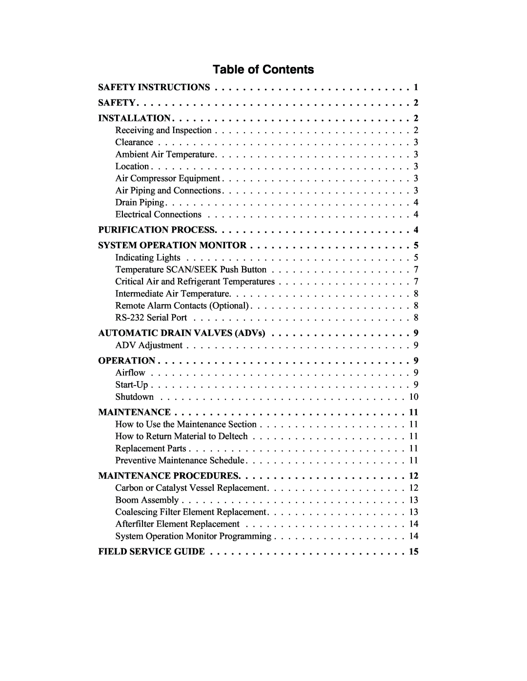 Deltech Fitness 8000 instruction manual Table of Contents 