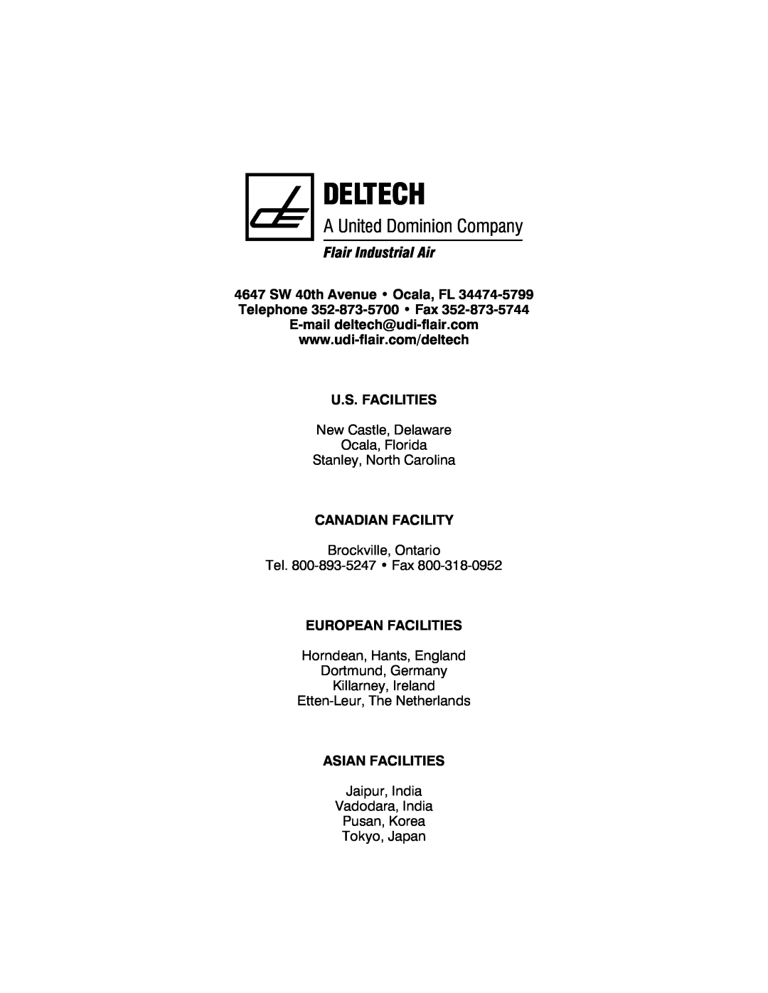 Deltech Fitness 8000 instruction manual Deltech, A United Dominion Company, Flair Industrial Air 