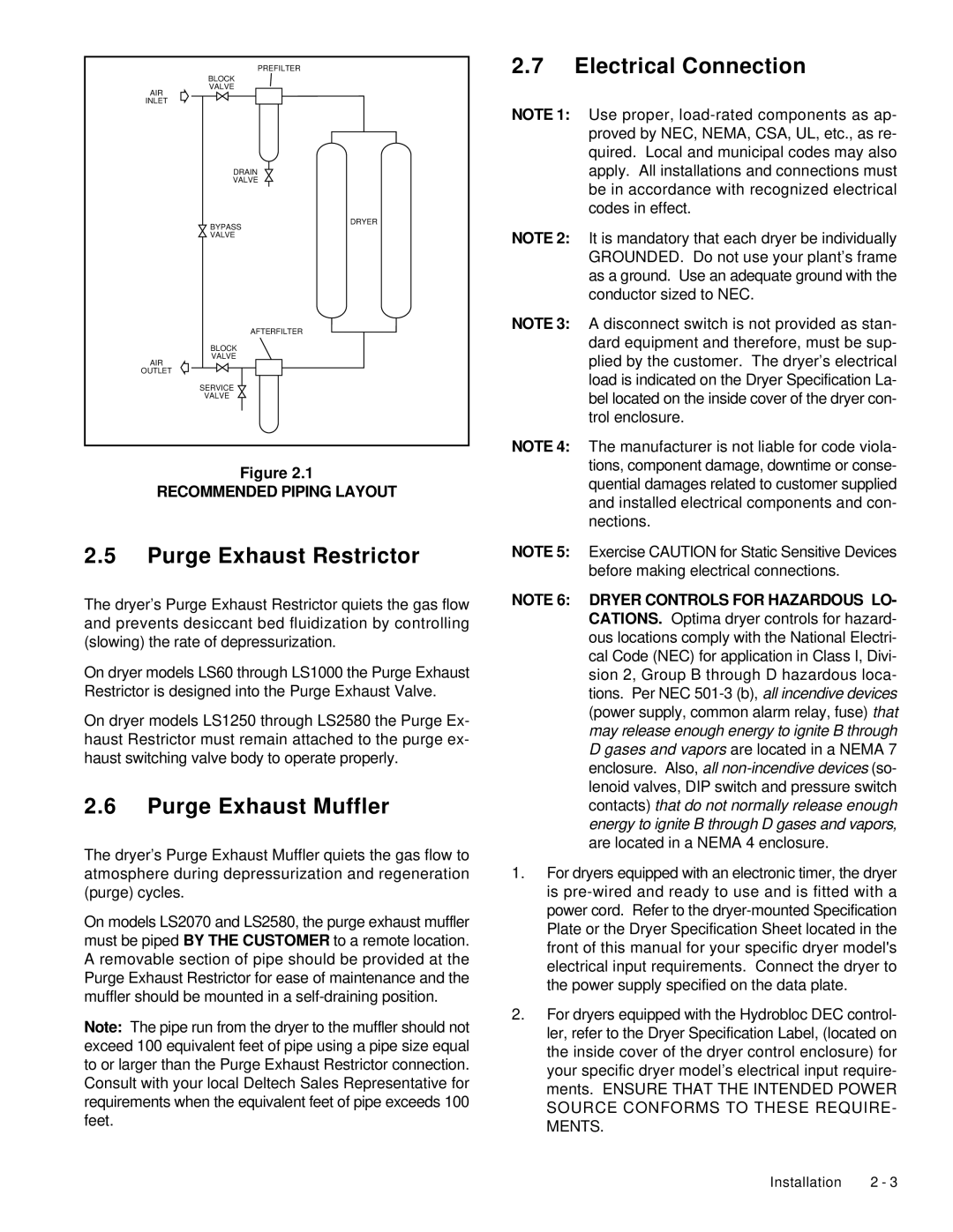 Deltech Fitness LS60, LS2580 instruction manual Electrical Connection, Purge Exhaust Restrictor, Purge Exhaust Muffler 