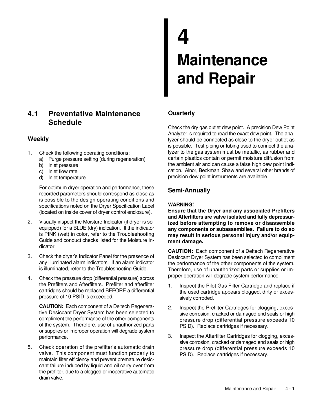 Deltech Fitness LS60, LS2580 instruction manual Maintenance and Repair, Preventative Maintenance Schedule 