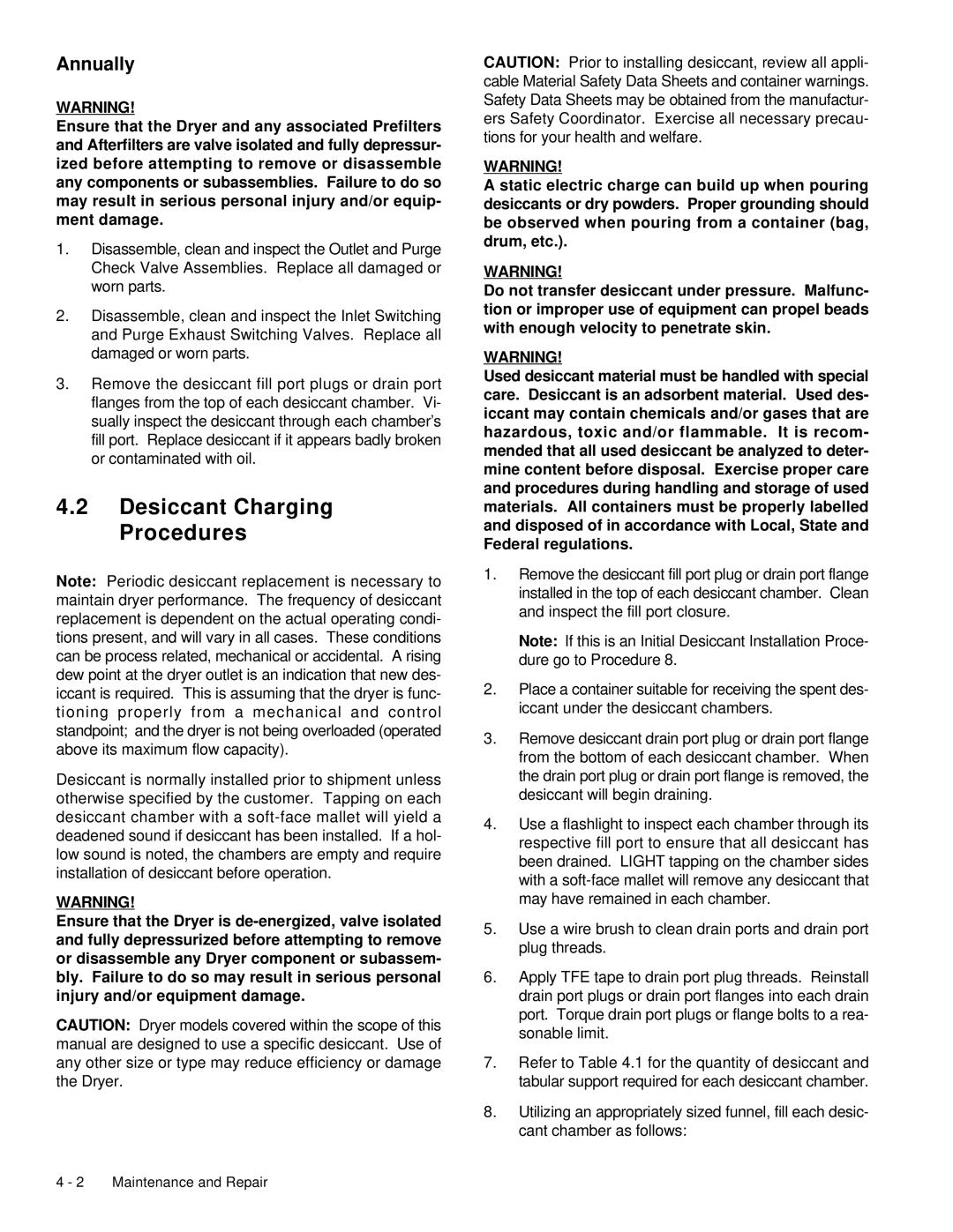 Deltech Fitness LS2580, LS60 instruction manual Desiccant Charging Procedures, Annually 