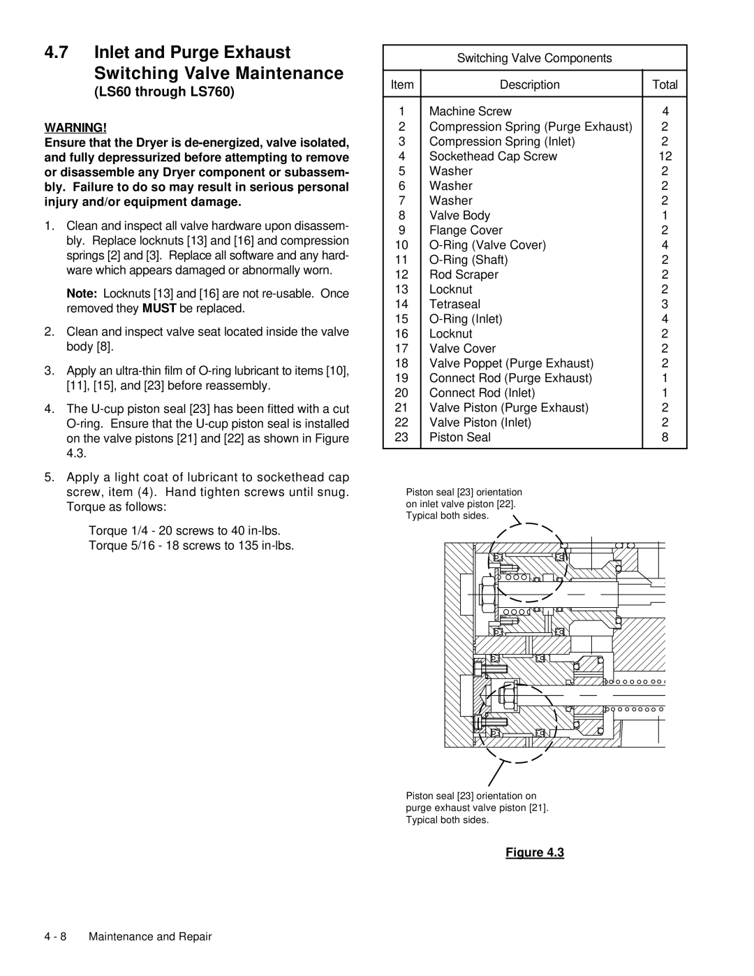 Deltech Fitness LS2580 instruction manual Inlet and Purge Exhaust Switching Valve Maintenance, LS60 through LS760 