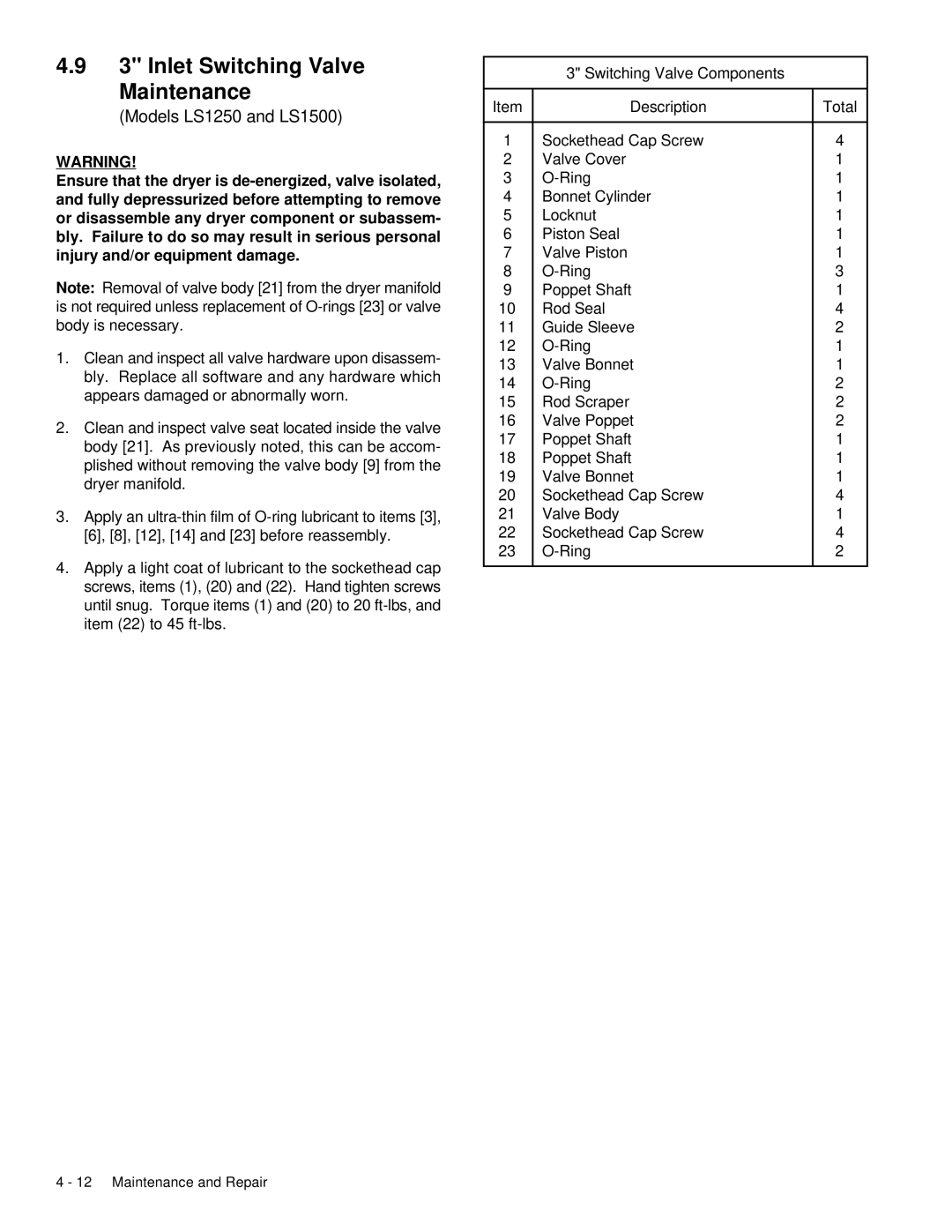 Deltech Fitness LS2580, LS60 instruction manual Inlet Switching Valve Maintenance, Models LS1250 and LS1500 