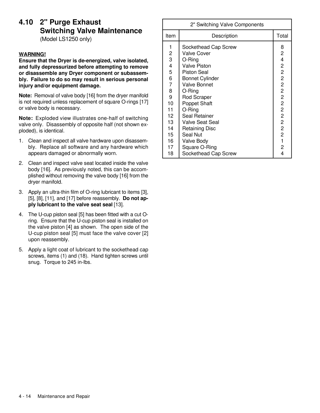 Deltech Fitness LS2580, LS60 instruction manual 10 2 Purge Exhaust Switching Valve Maintenance, Model LS1250 only 