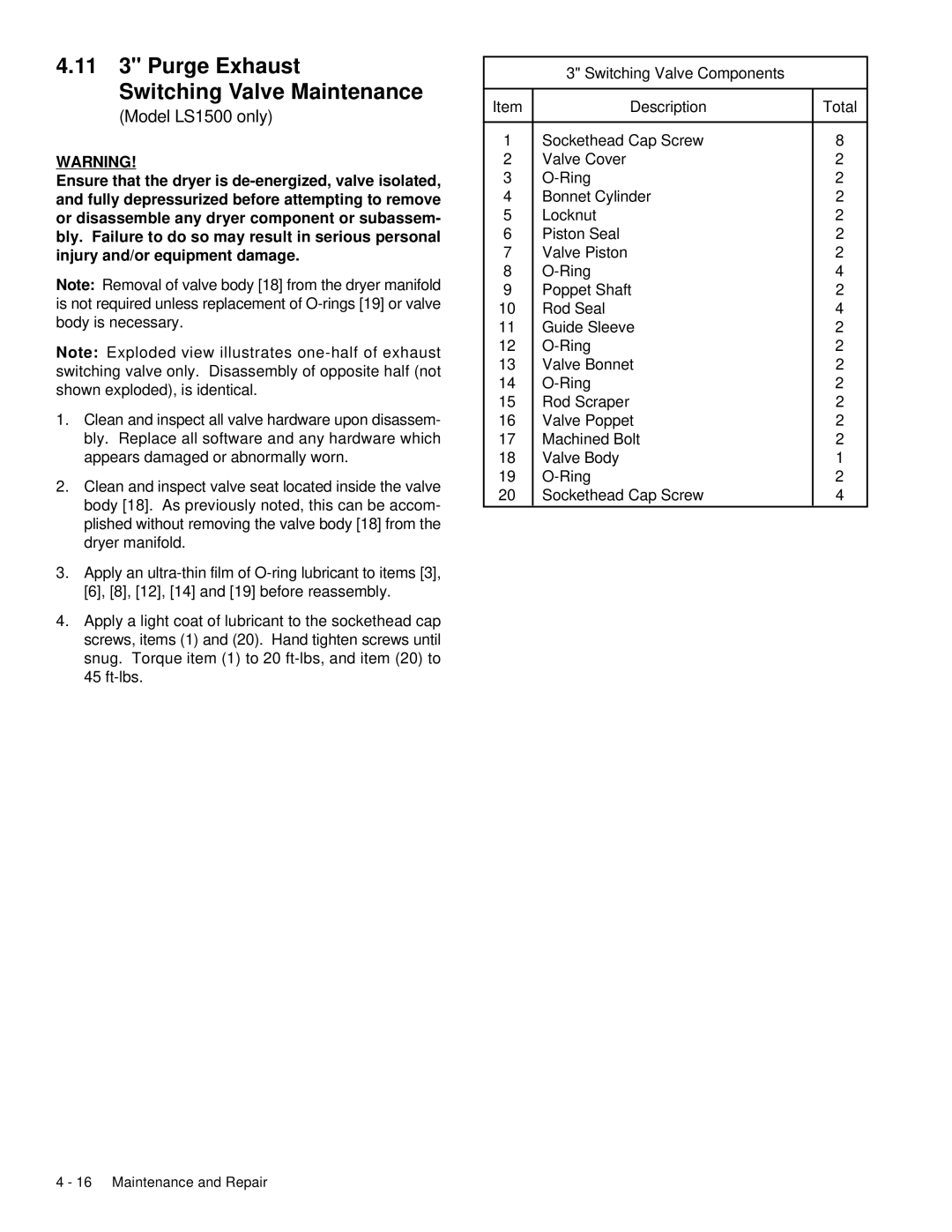 Deltech Fitness LS2580, LS60 instruction manual 11 3 Purge Exhaust Switching Valve Maintenance, Model LS1500 only 