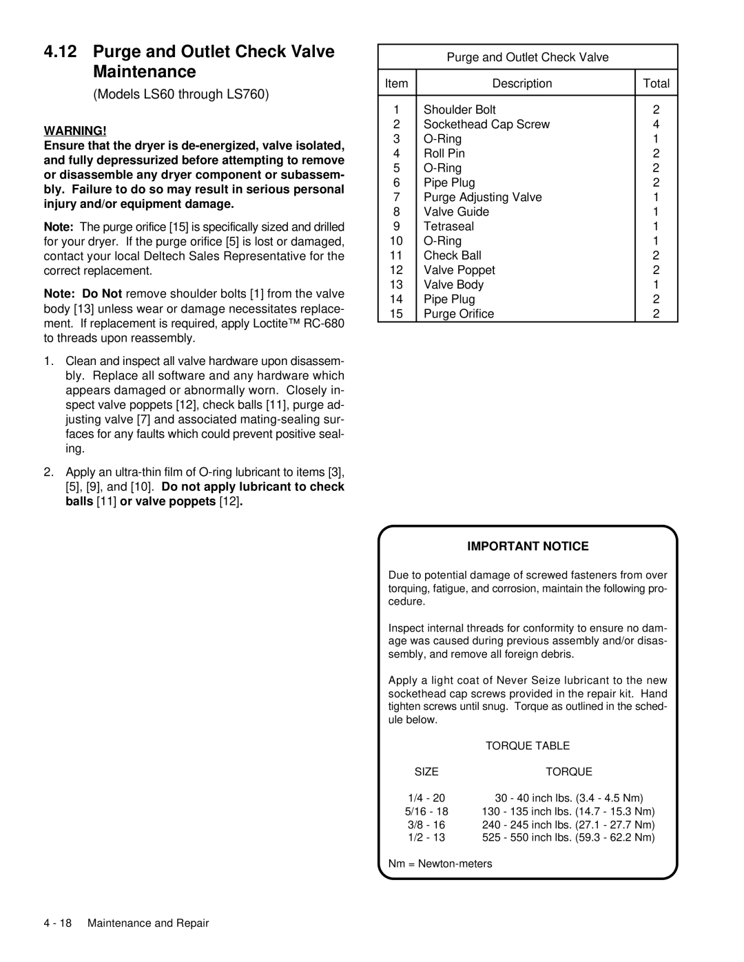 Deltech Fitness LS2580 instruction manual Purge and Outlet Check Valve Maintenance, Models LS60 through LS760 