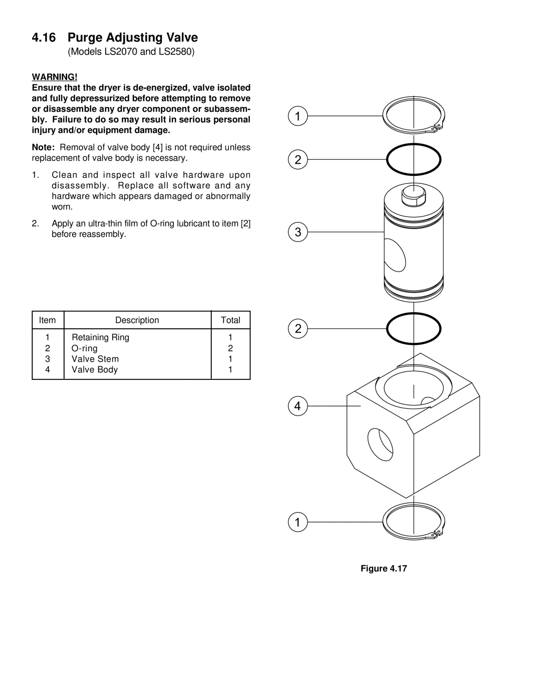 Deltech Fitness LS60 instruction manual Purge Adjusting Valve, Models LS2070 and LS2580 