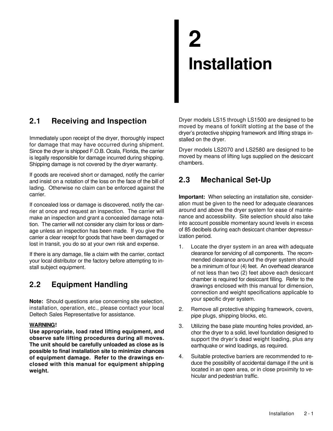 Deltech Fitness LS60, LS2580 instruction manual Receiving and Inspection, Equipment Handling, Mechanical Set-Up 