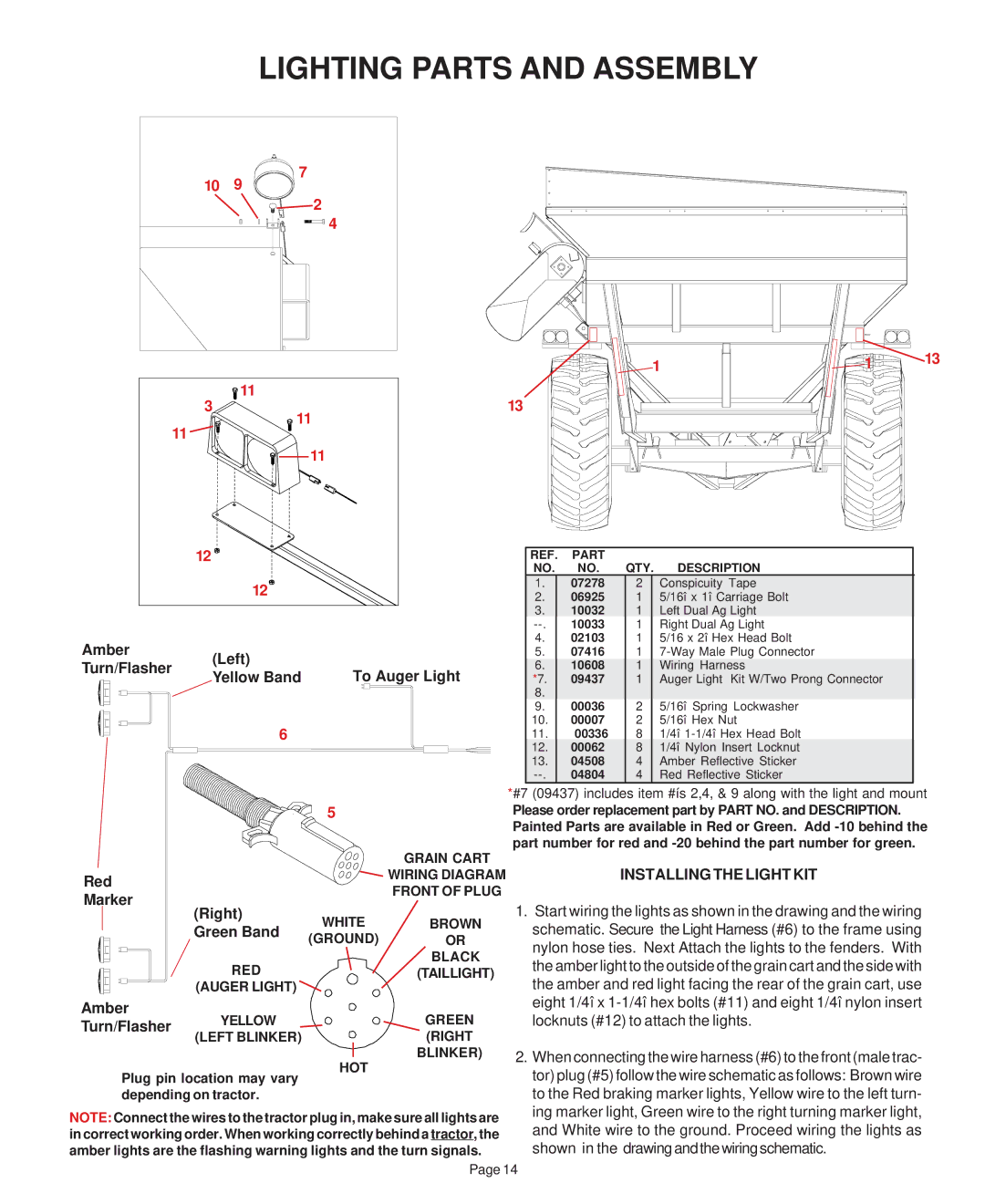 Demco 800, 950 bushel, grain cart manual Lighting Parts and Assembly 