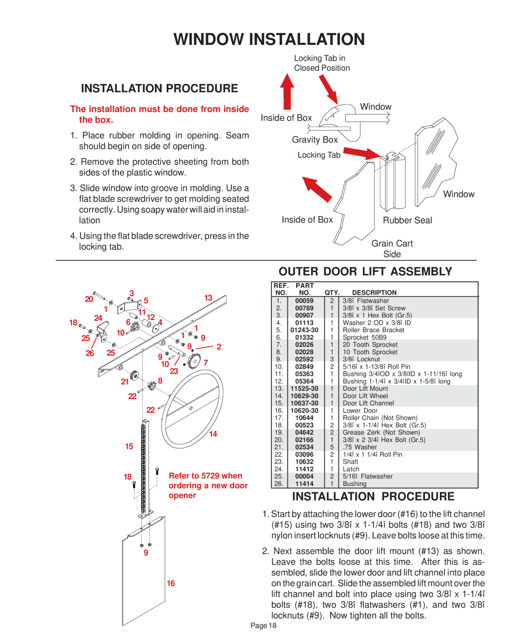 Demco 950 bushel, grain cart, 800 manual Window Installation 