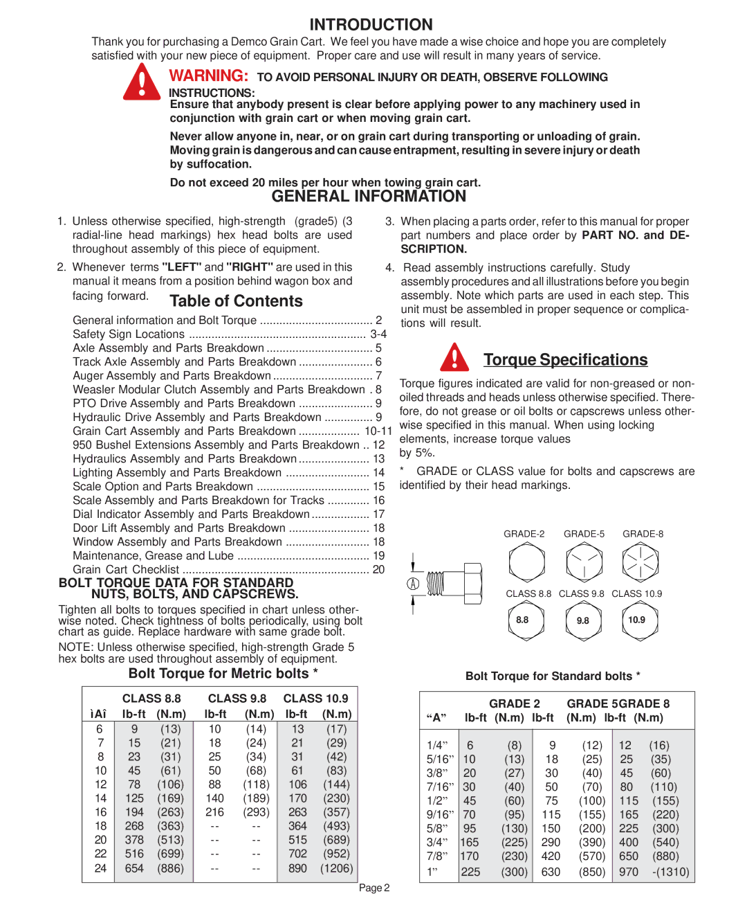 Demco 800, 950 bushel, grain cart manual Introduction 