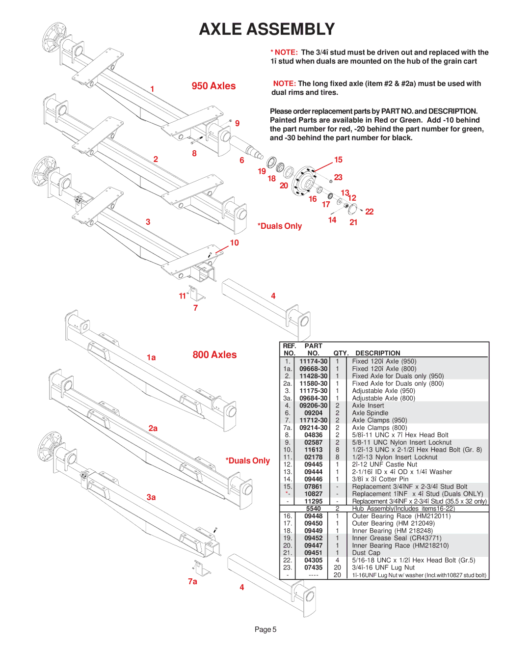 Demco 800, 950 bushel, grain cart manual Axle Assembly 