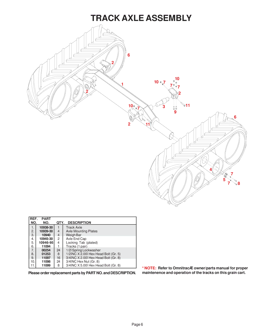 Demco 950 bushel, 800 Track Axle Assembly, 10946-95, 00254, Please order replacement parts by Part NO. and Description 