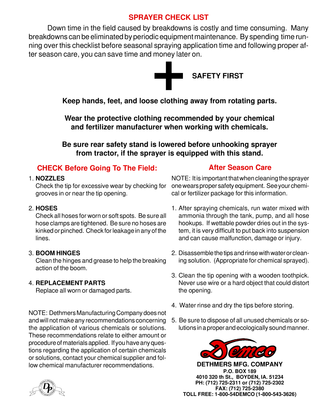 Demco AB20001 owner manual Sprayer Check List, Safety First 