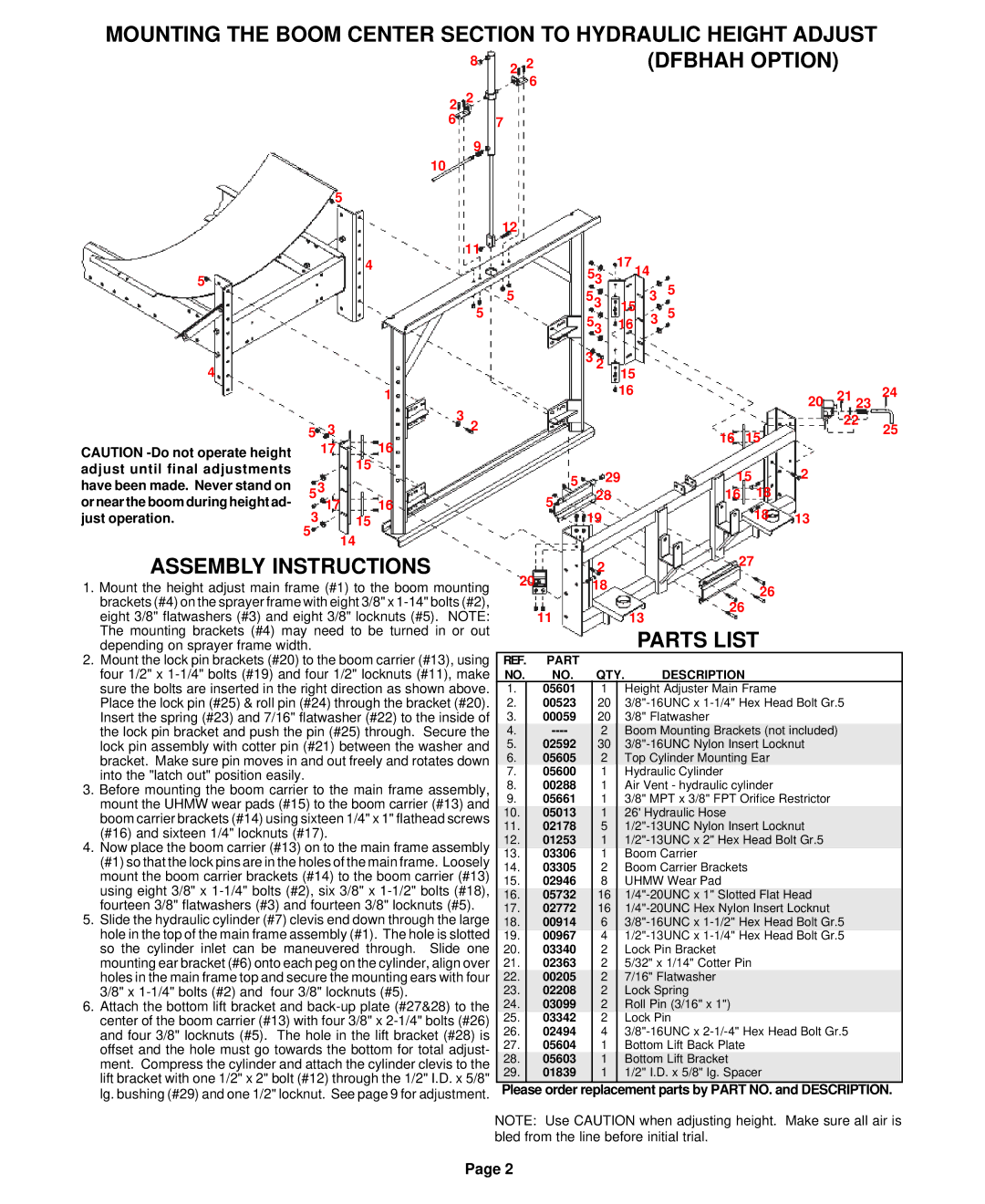 Demco AB20001 owner manual Mounting the Boom Center Section to Hydraulic Height Adjust, Assembly Instructions 