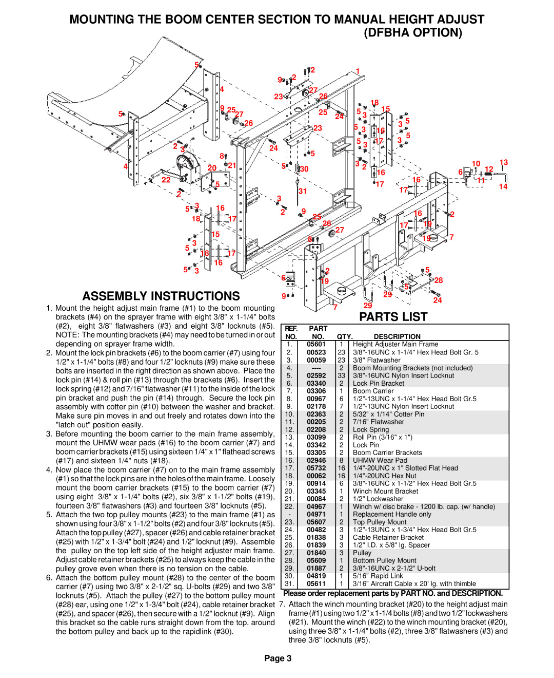 Demco AB20001 owner manual Parts List, Lock pin #14 & roll pin #13 through the brackets #6. Insert 