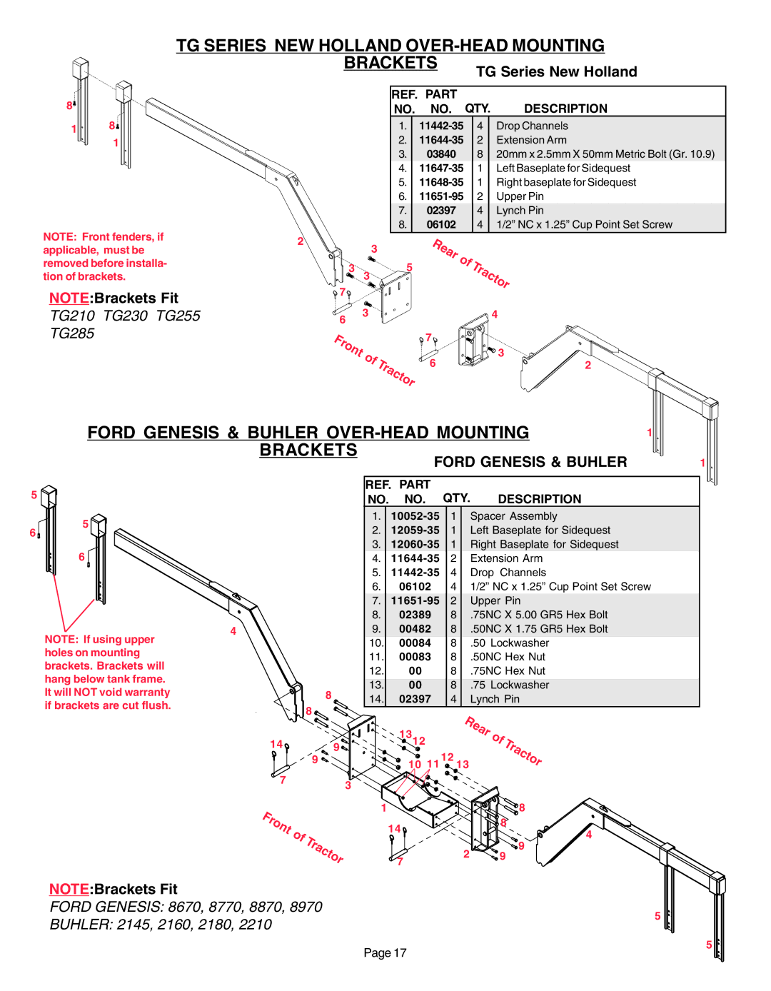 Demco AC20037 manual TG Series NEW Holland OVER-HEAD Mounting Brackets, Ford Genesis & Buhler OVER-HEAD Mounting 