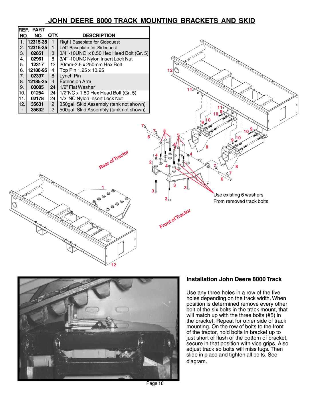 Demco AC20037 manual John Deere 8000 Track Mounting Brackets and Skid, Installation John Deere 8000 Track 