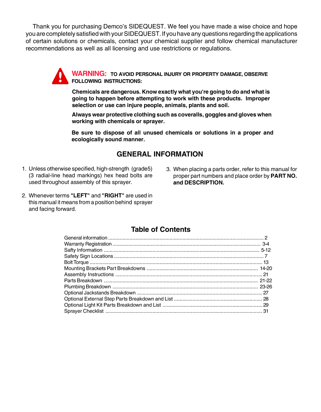 Demco AC20037 manual General Information, Table of Contents 