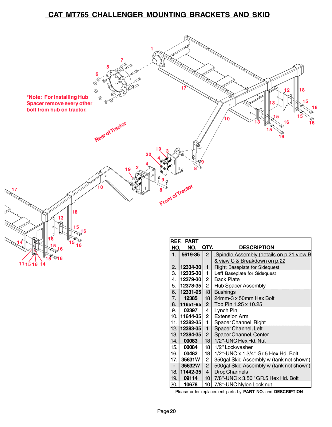 Demco AC20037 manual CAT MT765 Challenger Mounting Brackets and Skid, Description NO. no 