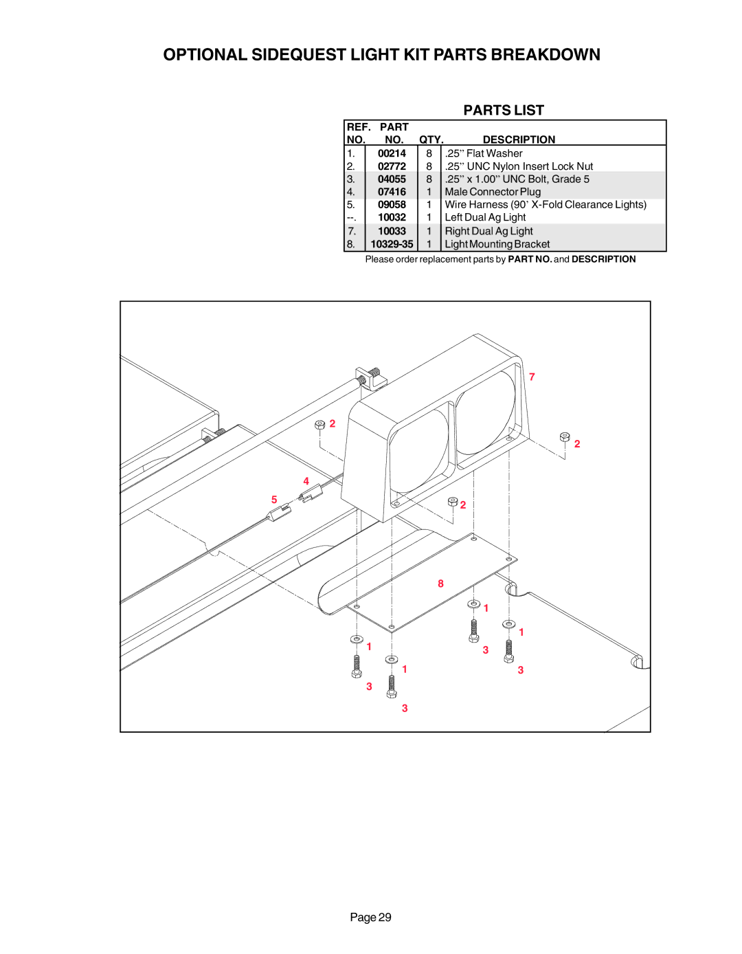 Demco AC20037 manual Optional Sidequest Light KIT Parts Breakdown, Parts List 