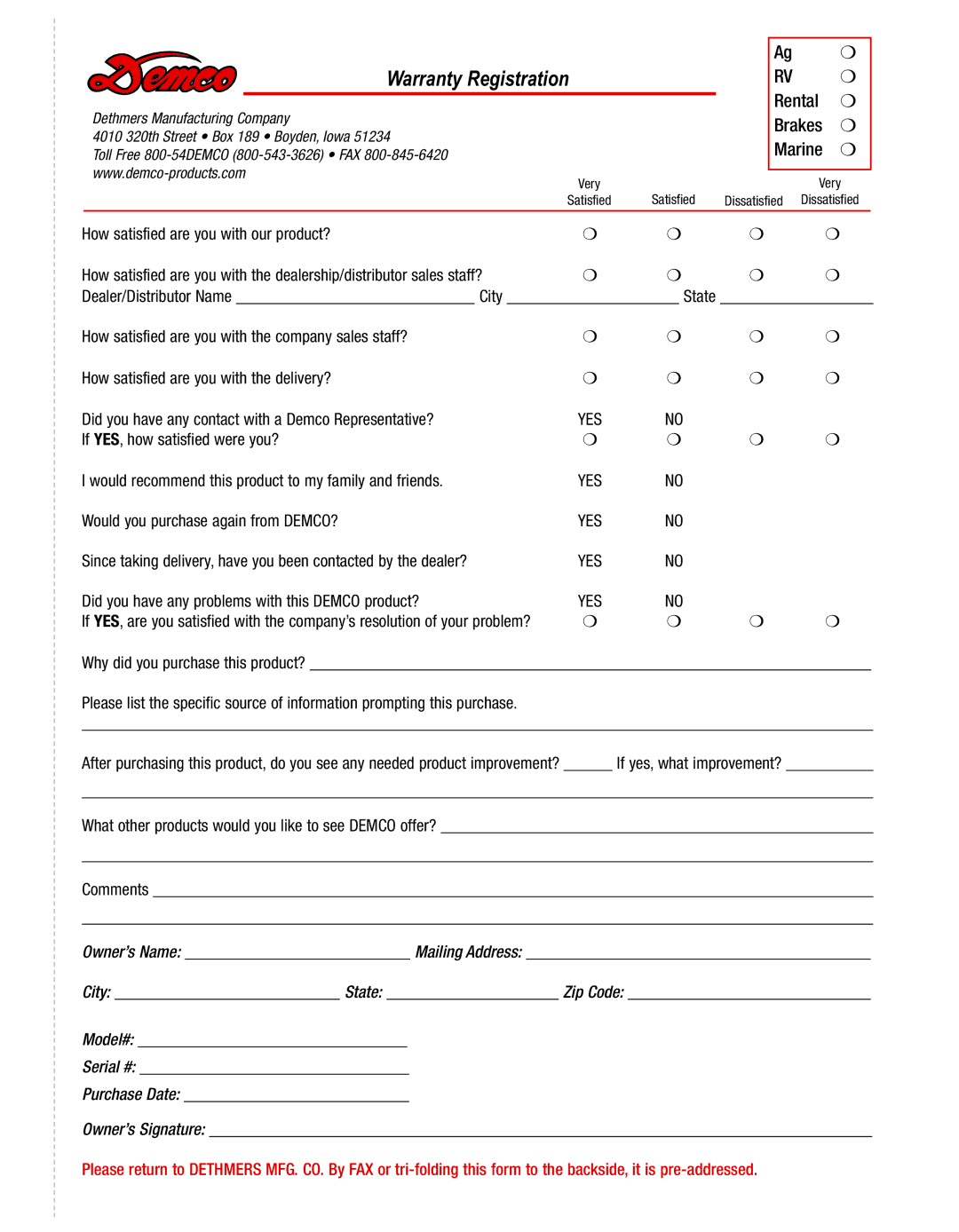 Demco AC20037 manual Warranty Registration 