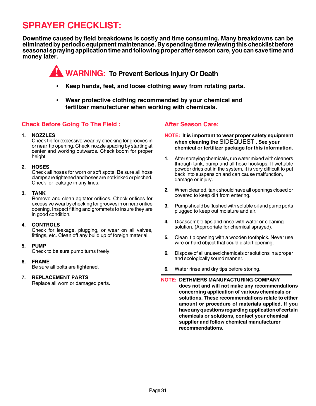 Demco AC20037 manual Sprayer Checklist 