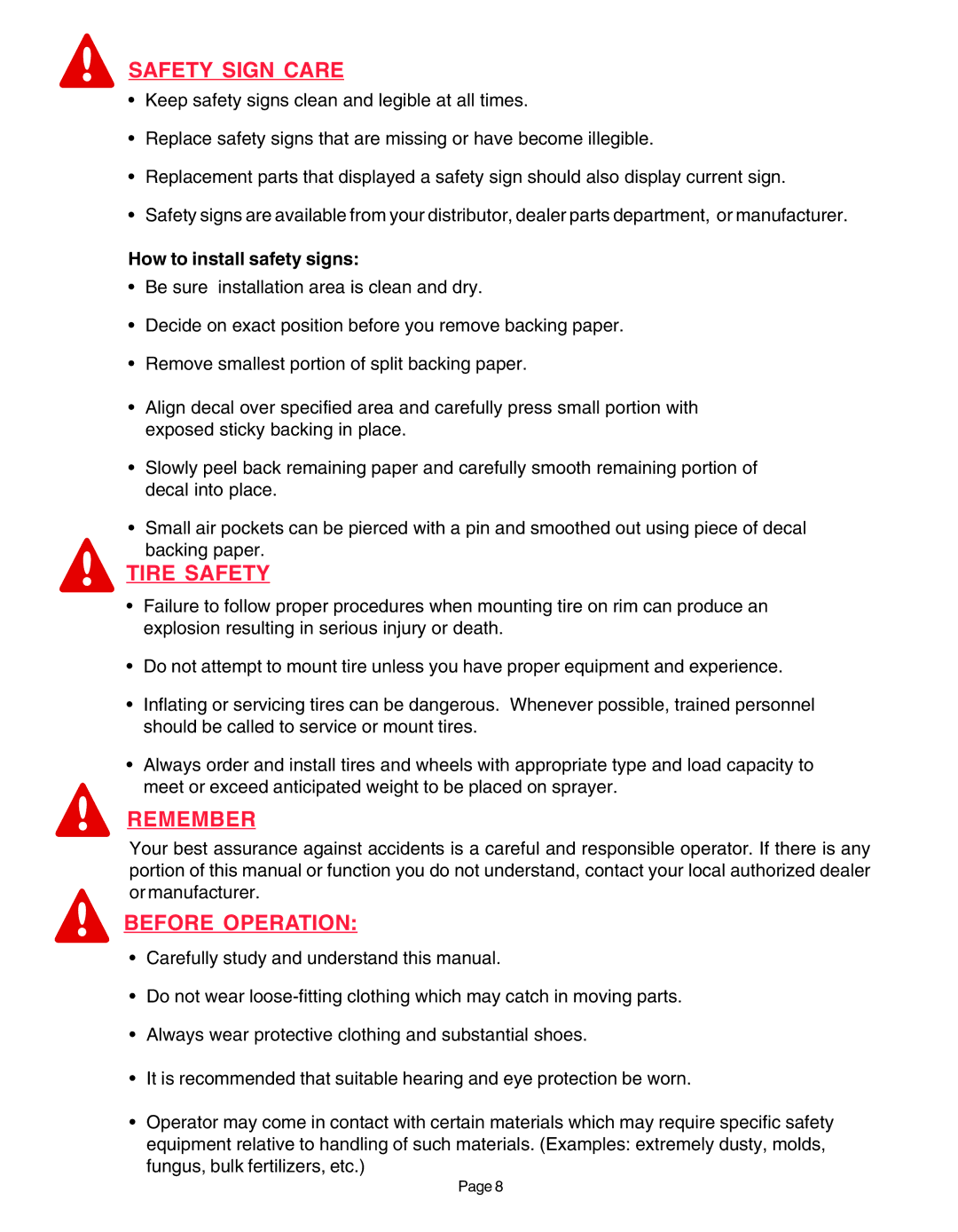 Demco AC20037 manual Safety Sign Care, Tire Safety, Remember, Before Operation, How to install safety signs 