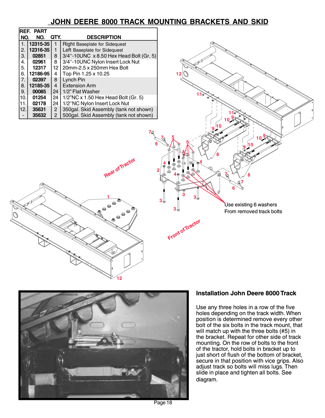 Demco AC20037 manual JOHN DEERE 8000 TRACK MOUNTING BRACKETS AND SKID, Installation John Deere 8000 Track 