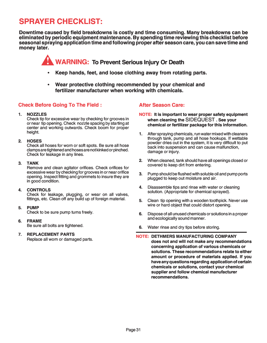 Demco AC20037 manual Sprayer Checklist, WARNING To Prevent Serious Injury Or Death, Check Before Going To The Field 
