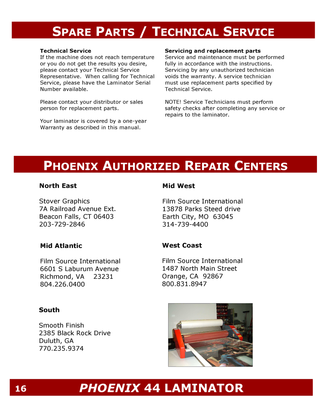 Demco ML44 manual Spare Parts / Technical Service, Phoenix Authorized Repair Centers 