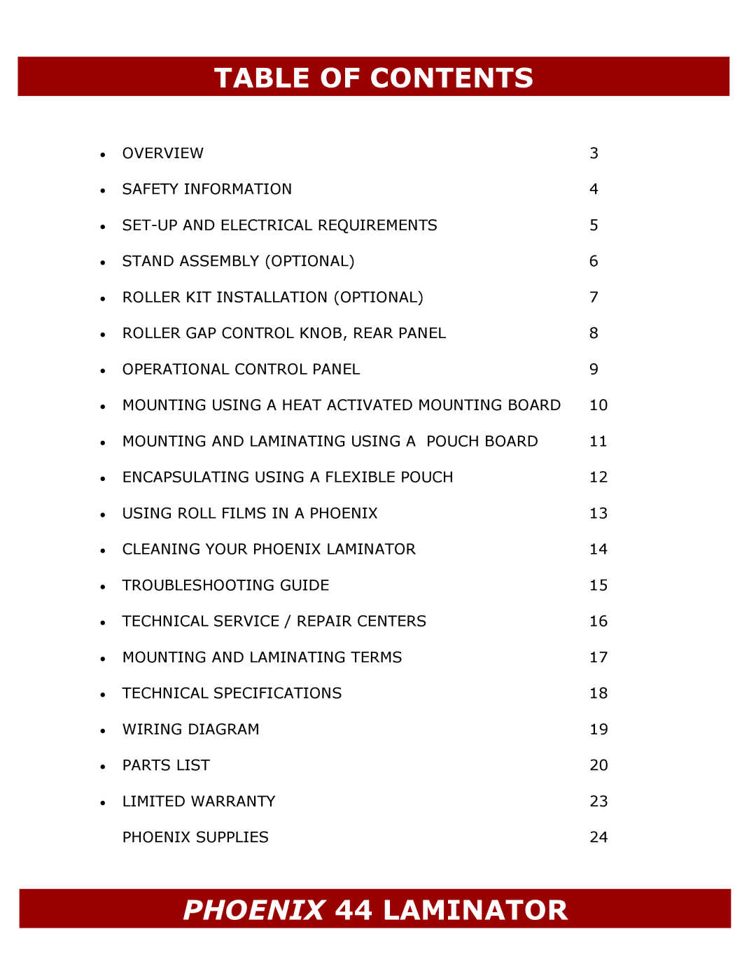 Demco ML44 manual Table of Contents 