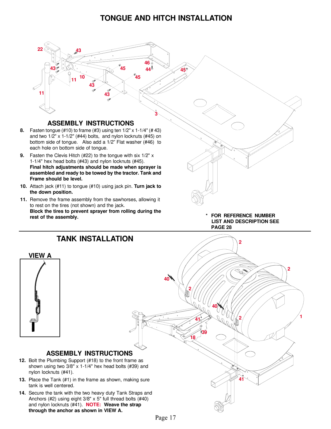 Demco Sprayer manual Tongue and Hitch Installation, Tank Installation, View a Assembly Instructions 