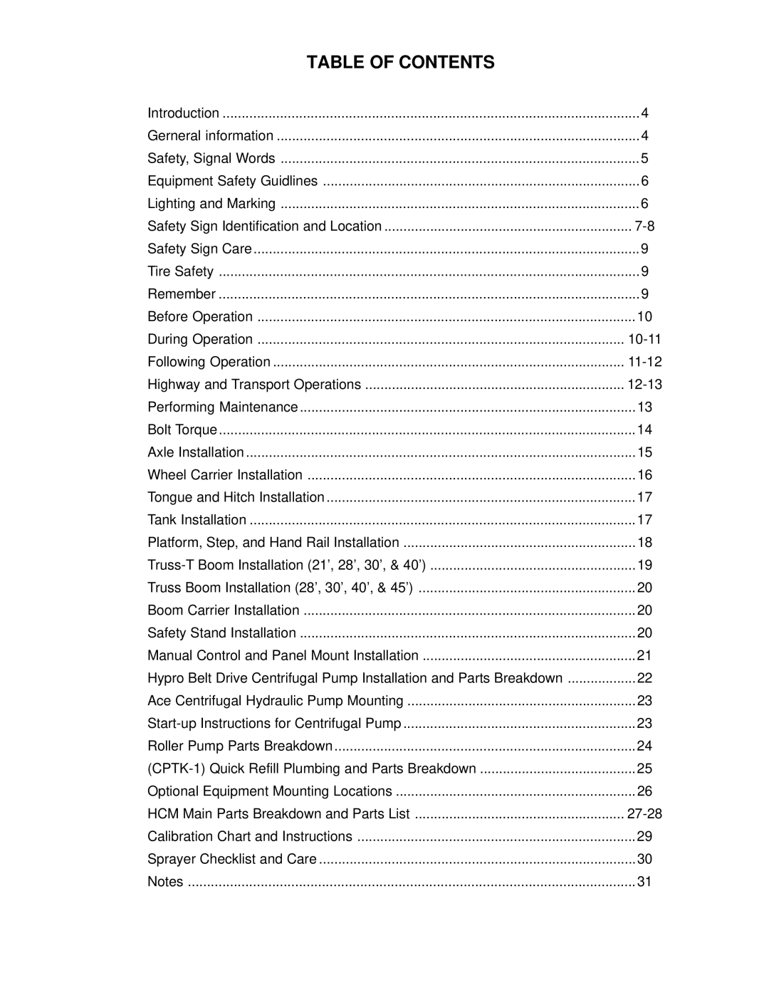 Demco Sprayer manual Table of Contents 