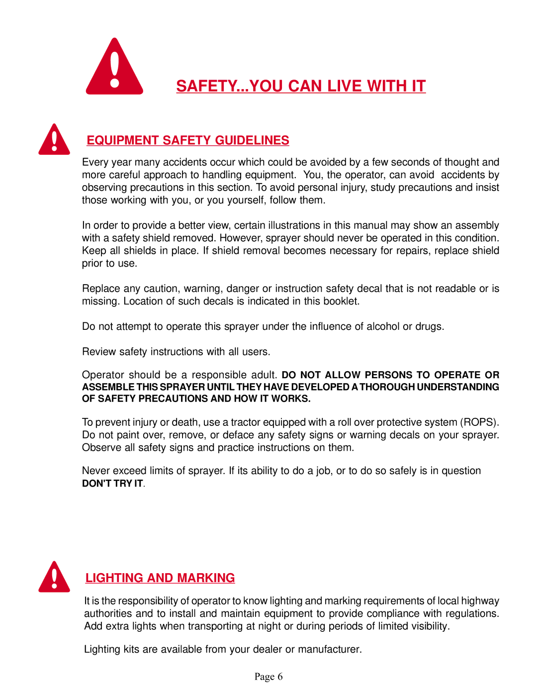 Demco Sprayer manual Equipment Safety Guidelines, Lighting and Marking 