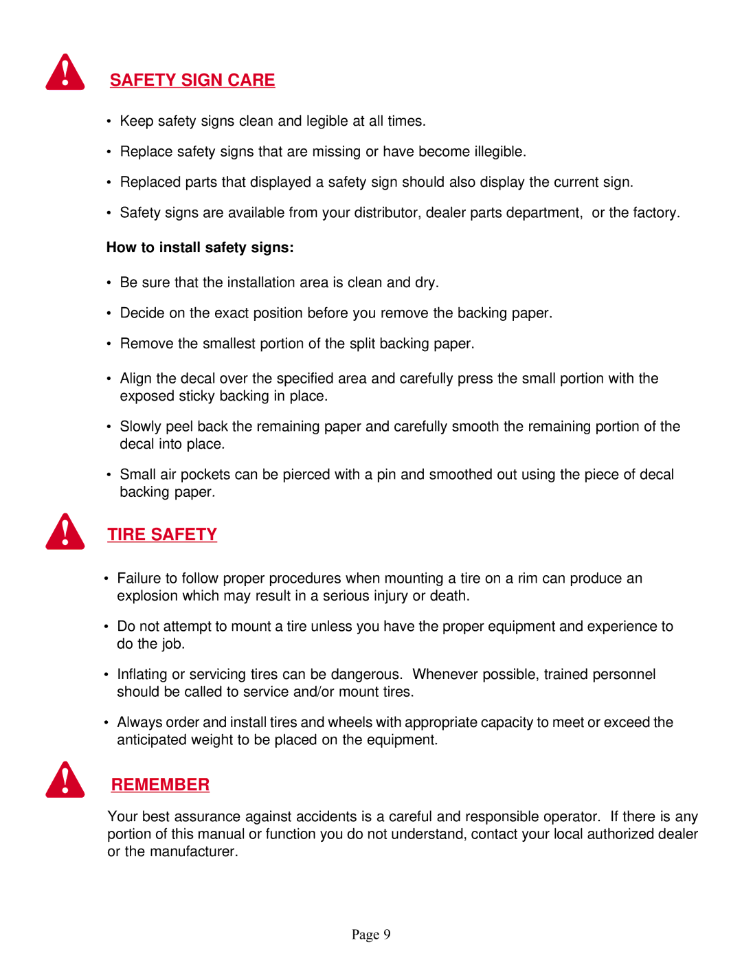 Demco Sprayer manual Safety Sign Care, Tire Safety, Remember 