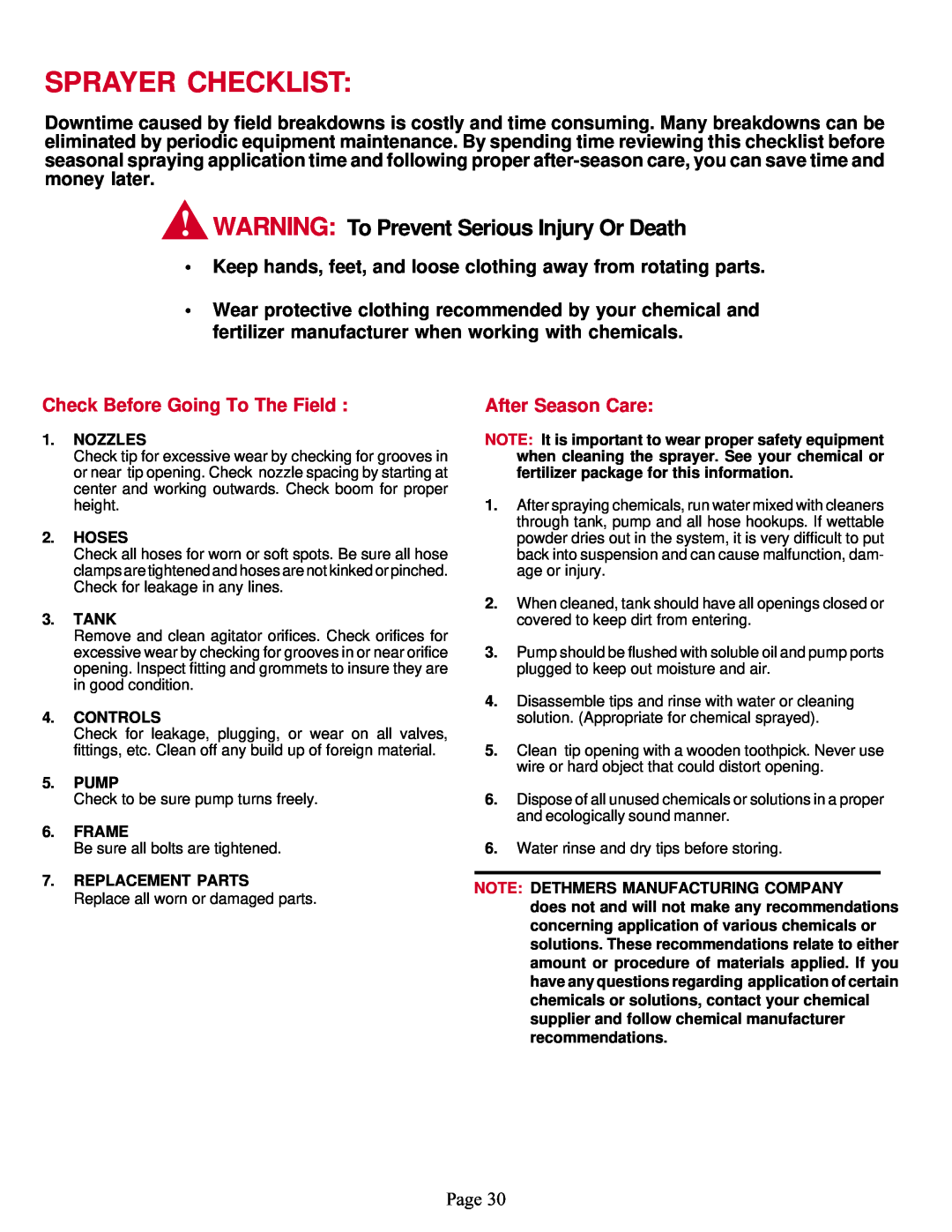 Demco Sprayer Checklist, WARNING To Prevent Serious Injury Or Death, Check Before Going To The Field, After Season Care 