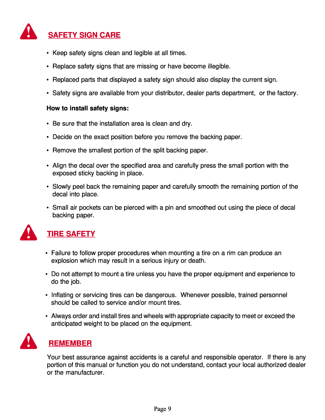 Demco Sprayer manual Safety Sign Care, Tire Safety, Remember, How to install safety signs 