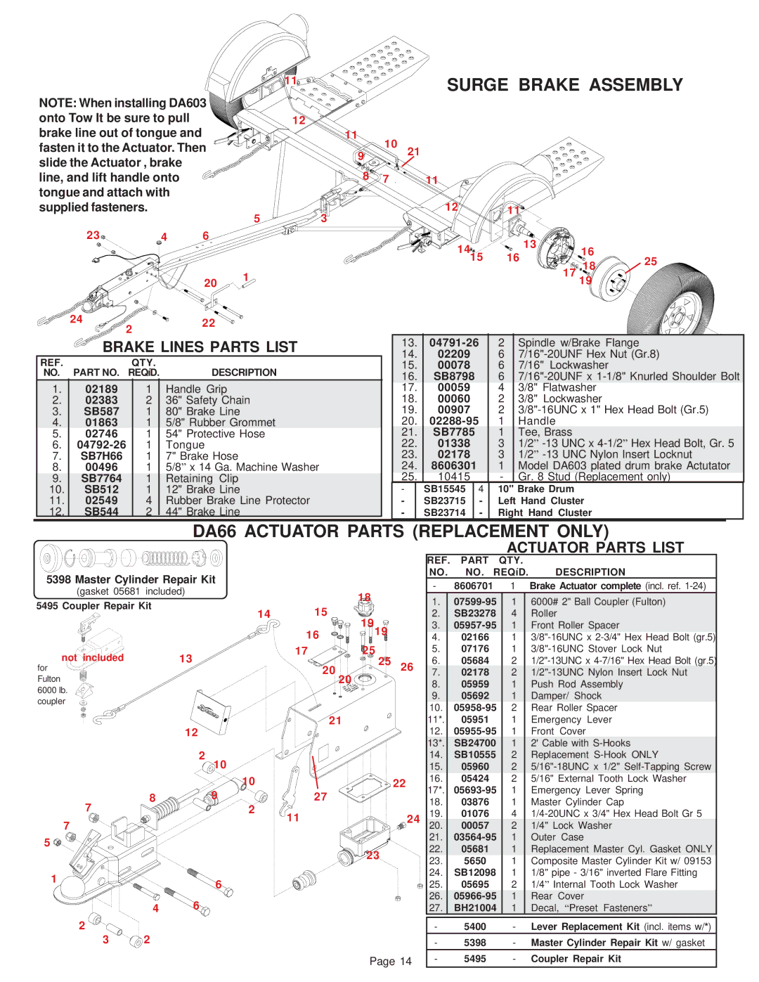 Demco TI110 DA66 Actuator Parts Replacement only, Brake Lines Parts List, Actuator Parts List, Onto Tow It be sure to pull 