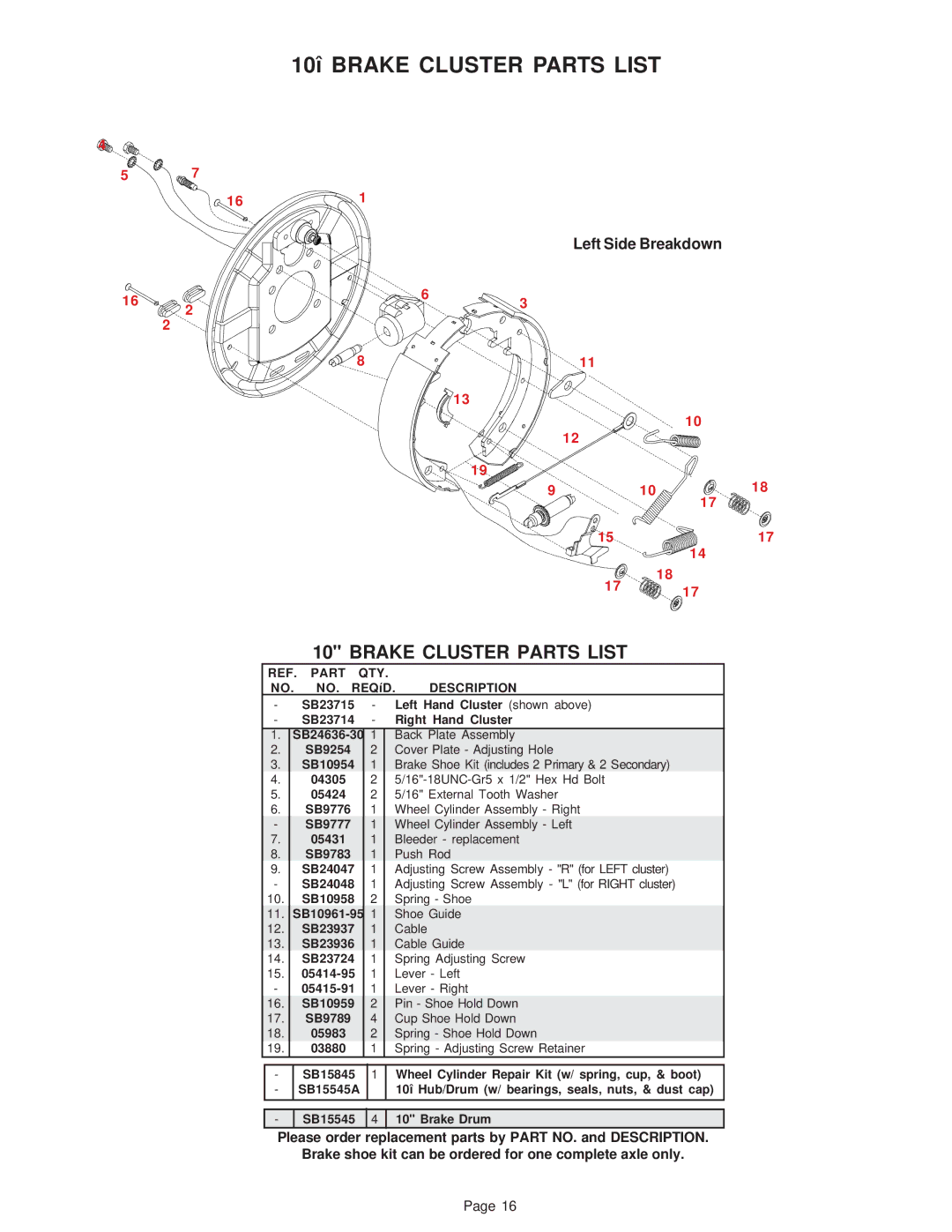 Demco TI110SB manual 10î Brake Cluster Parts List, Left Side Breakdown 