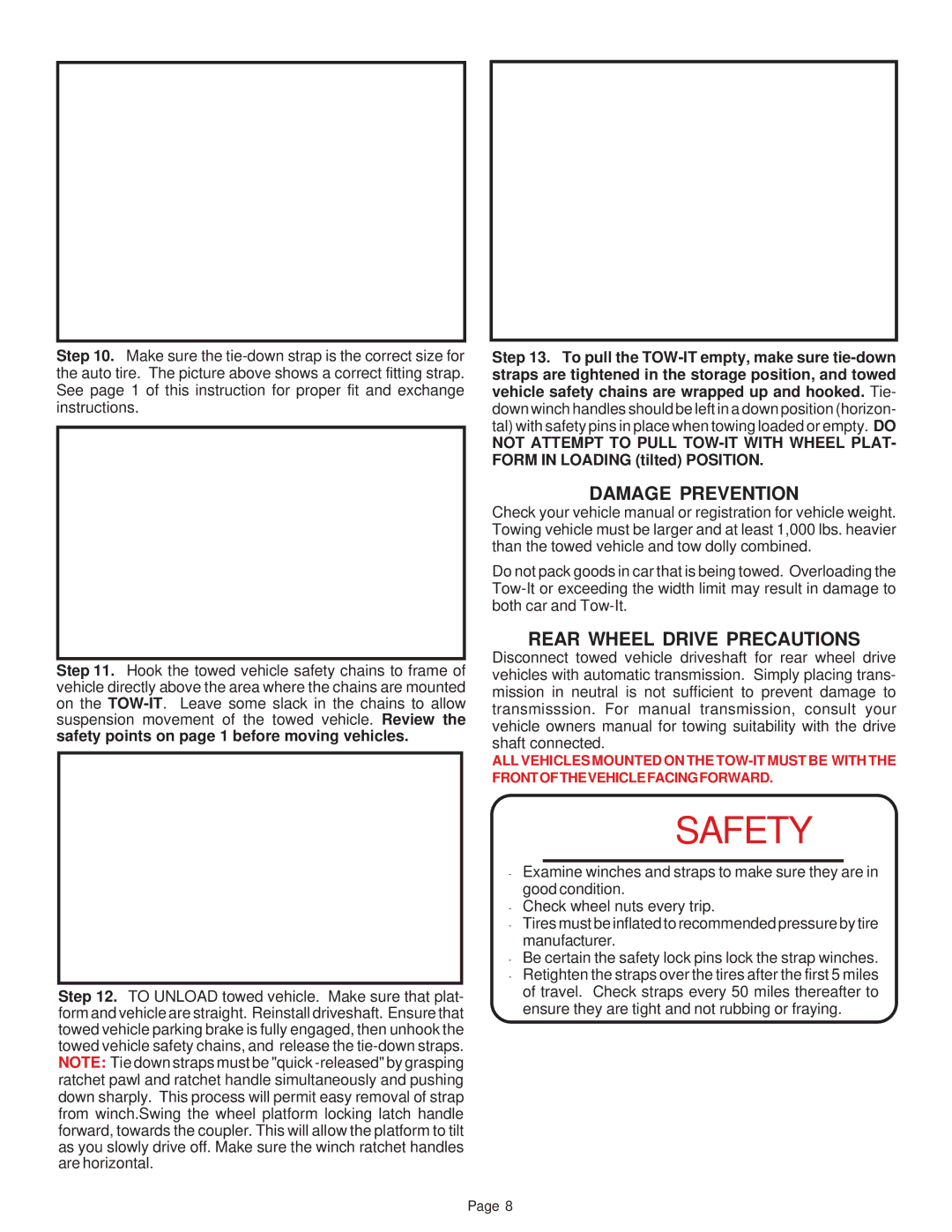 Demco TI110SB manual Damage Prevention, Rear Wheel Drive Precautions 