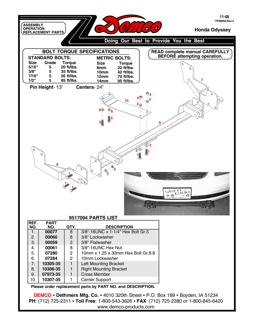 Demco TP20094 specifications Bolt Torque Specifications, Metric Bolts 