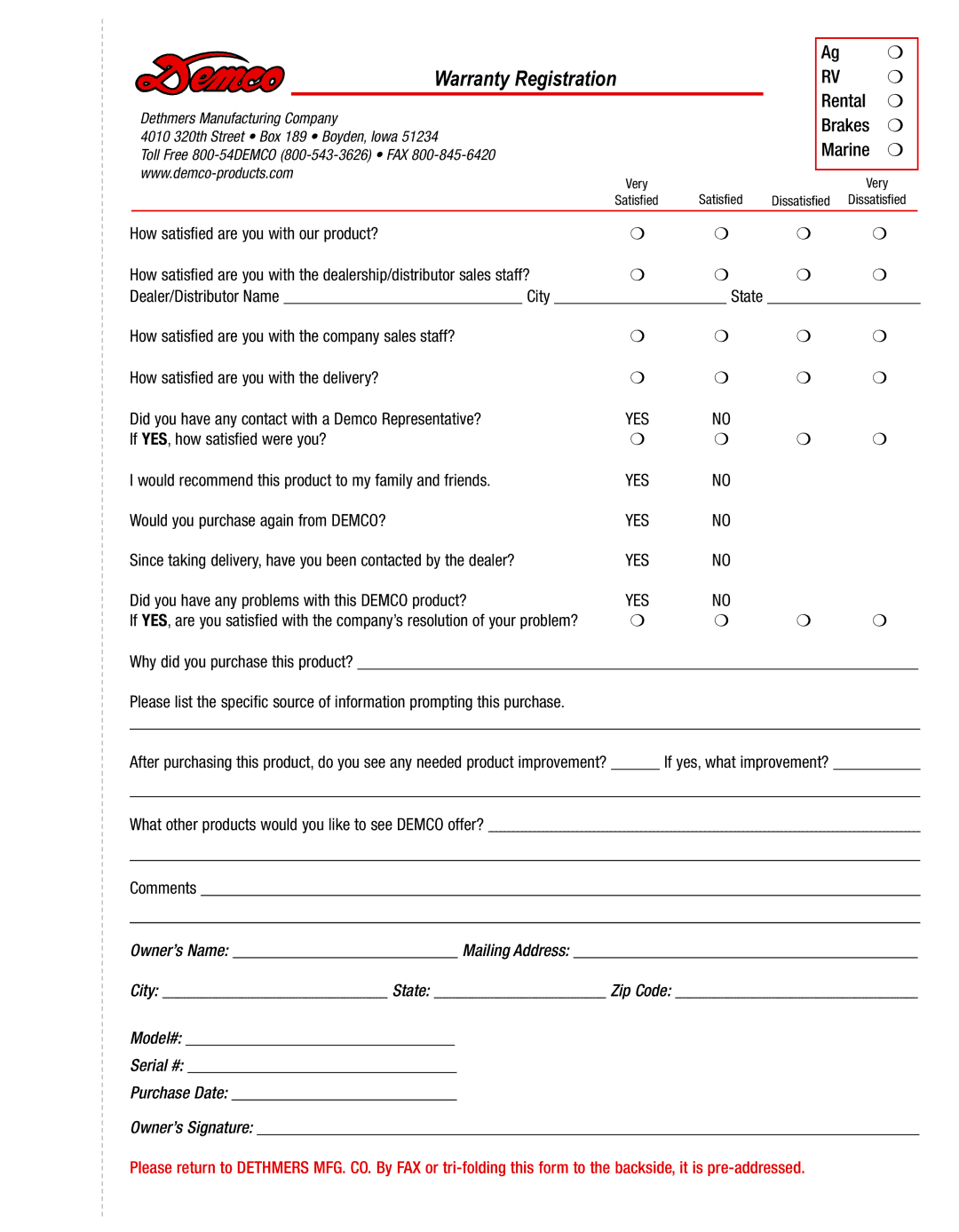 Demco TP20094 specifications Warranty Registration 